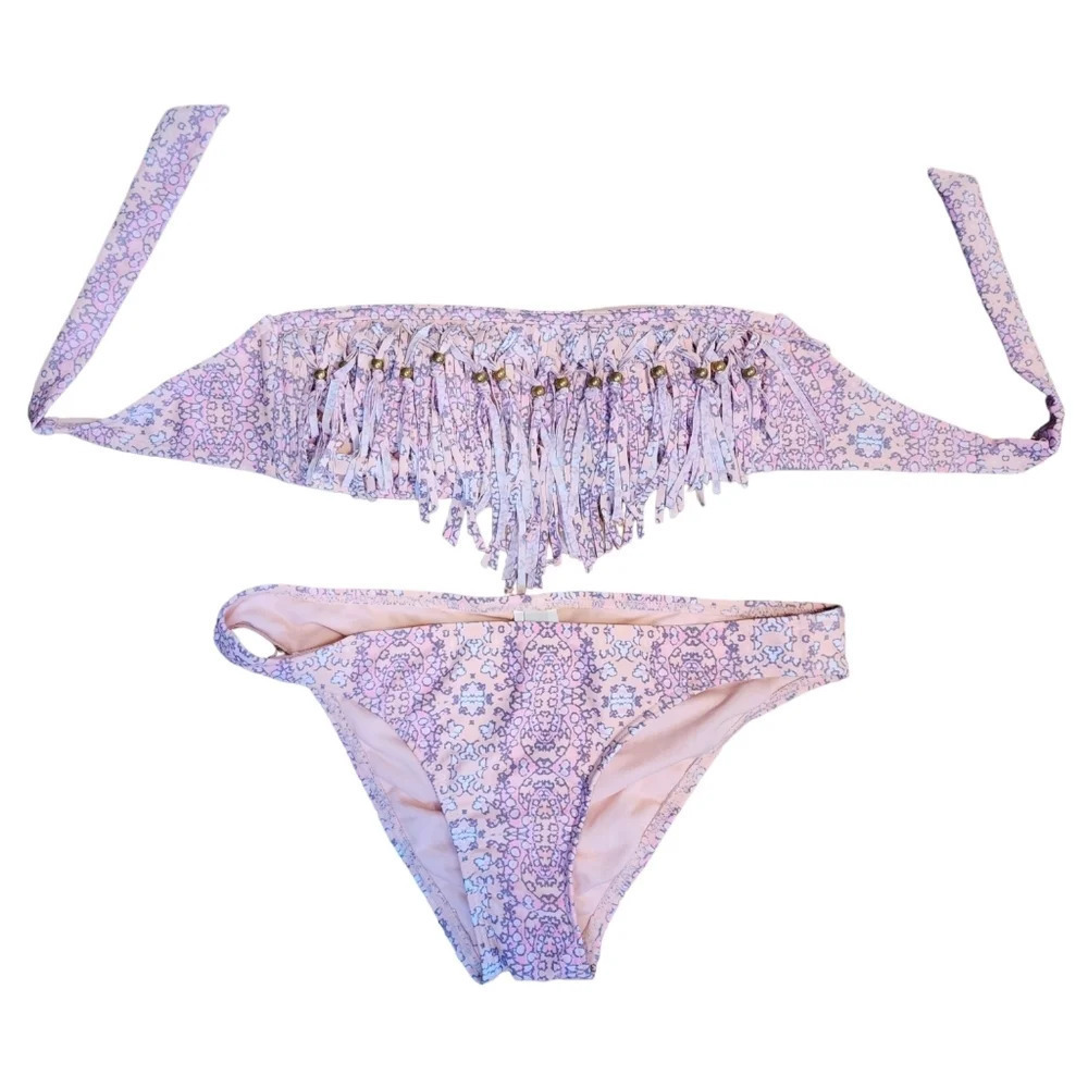Ninety Five ° Swimsuit Bikini 2 piece Size Small Pink Orange Fringe Top